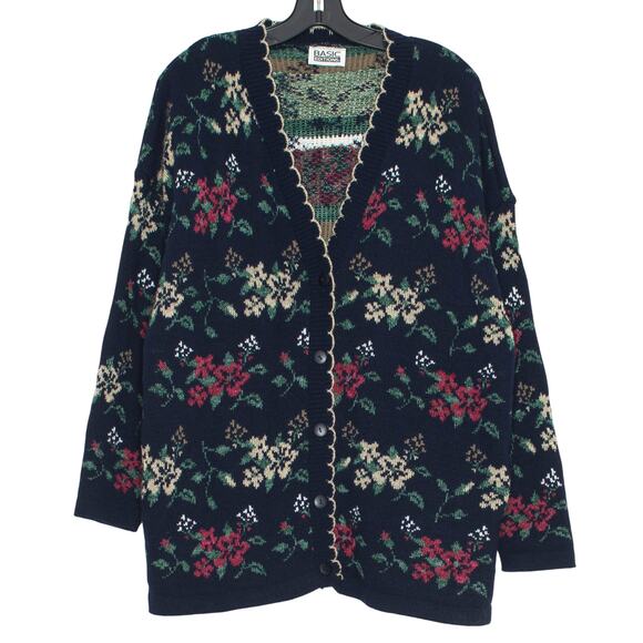 Vintage Basic Editions Cardigan Sweater Floral Cottage Academia 90s Navy Blue 2X - Picture 1 of 5